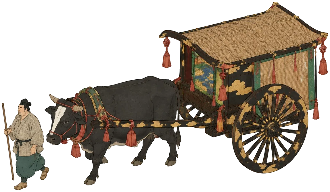 Kereta lembu berpernis ditarik Old Plough, Goro berjalan di depannya dengan tongkat.