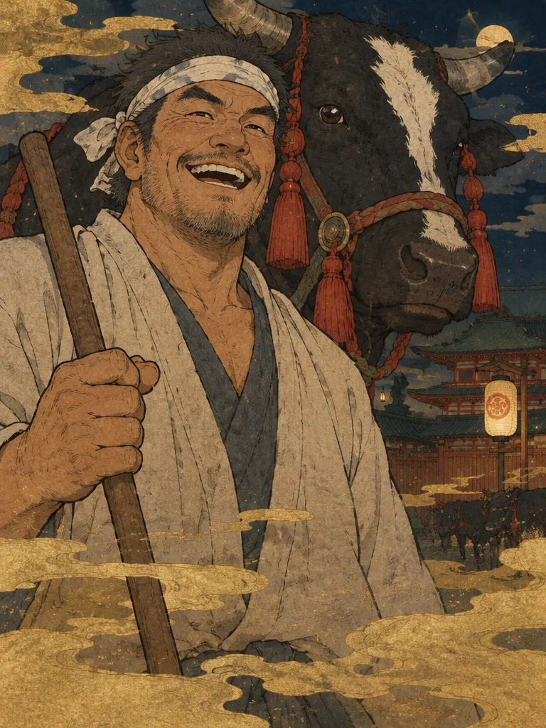 Goro tertawa lebar dengan ikat kepala kain dan tongkat kayu panjang, kepala lembu hitam Old Plough berumbai merah di belakang bahunya, malam berkabut emas.