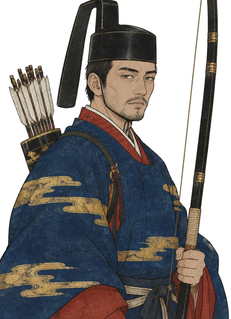 Captain Hatoru Ise dari pinggang ke atas, topi pengawal hitam berpernis, jubah biru azurit, tabung anak panah di punggung, busur panjang tegak yang menembus tepi atas.