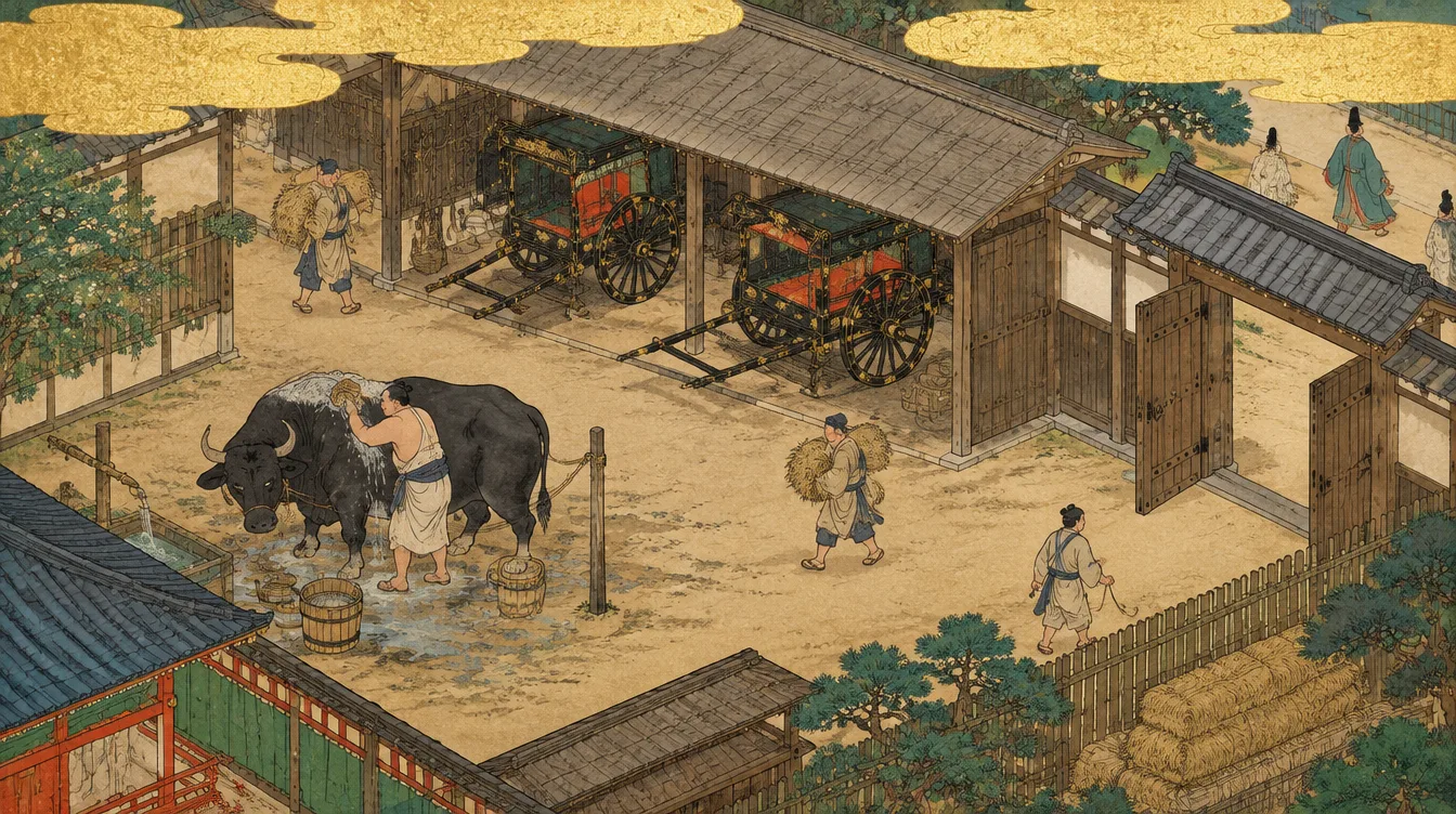 Ox Yard di pagi hari: Goro memandikan lembu hitam Old Plough dengan ember kayu, dua kereta lembu berpernis di bawah los, pekerja membawa jerami.
