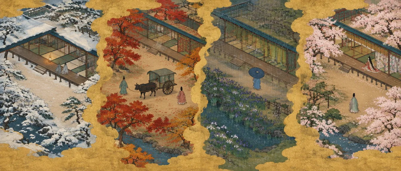 Halaman istana di musim gugur: pohon maple merah, kereta lembu, dua orang berjalan.
